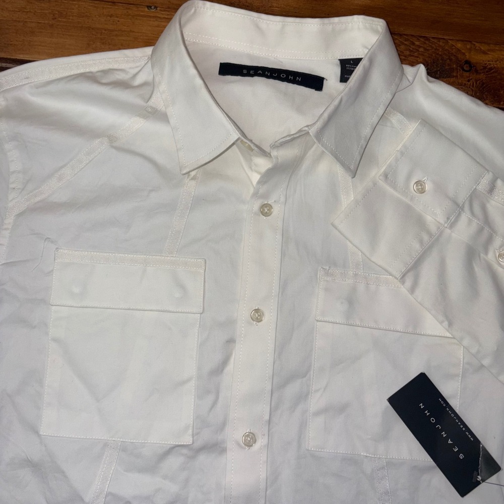 Sean John Button Up Shirt Mens Large White Stretch Utility Cargo Pocket NEW